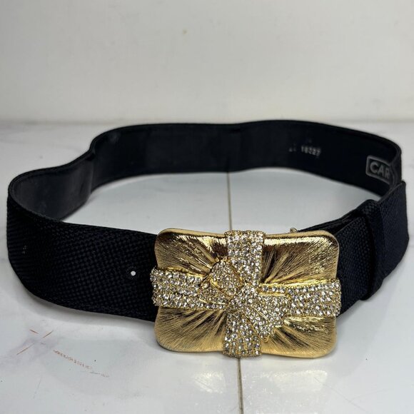 90s CARLISLE Gold Plated Rhinestone BOW Present Sculptural Buckle & Belt Strap P main image 4